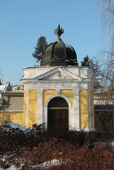Fototapeta na wymiar small white and yellow chapel in Frydek-Mistek, Czech Republic