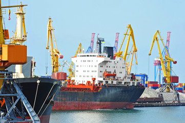 Bulk cargo ship under port crane