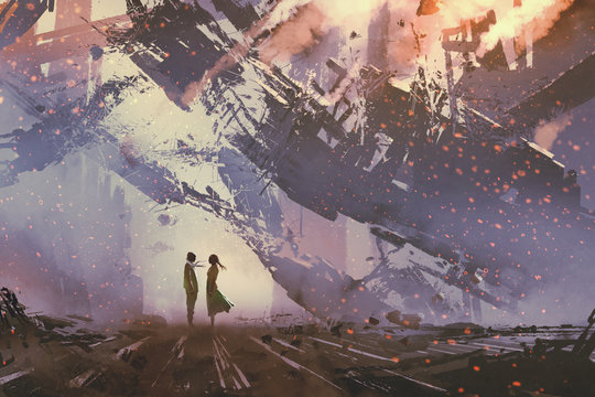 man and woman standing against collapsing buildings city,illustration painting
