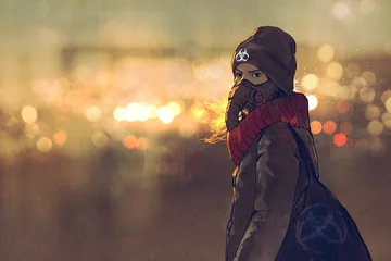 Badkamer foto achterwand outdoor portrait of young woman with gas mask in winter with bokeh light on background,illustration painting © grandfailure