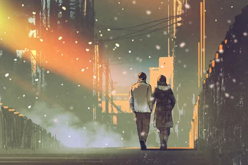 Papier Peint photo Lavable Grand échec couple amoureux marchant dans la rue de la ville, peinture d& 39 illustration