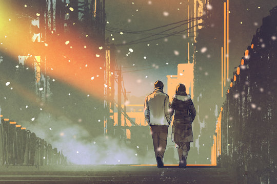 Fototapeta zakochana para spacerująca po ulicy miasta, malarstwo ilustracyjne