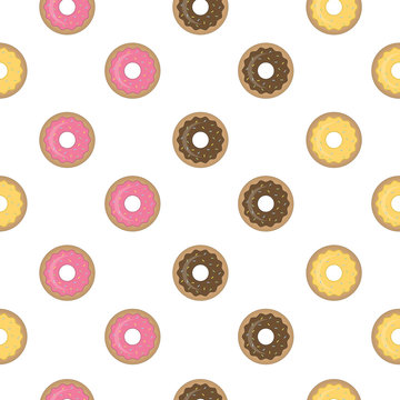 Colorful donuts with glaze and sprinkles. Seamless pattern.