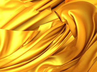 Golden fabric background. Flying silk cloth