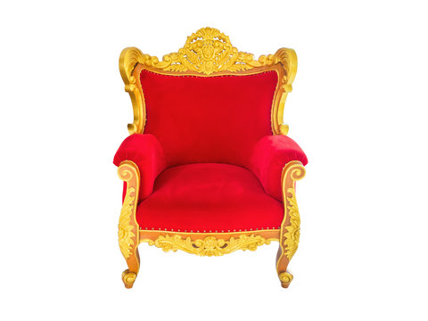 Concept of luxury and success with red velvet and gold armchair.isolated on white background with clipping path.