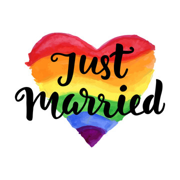 Just Married phrase on bright watercolor rainbow heart