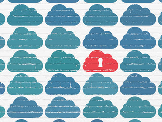Cloud networking concept: cloud with keyhole icon on wall background
