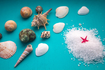Spa concept. Seashells and  sea salt  on blue wooden background