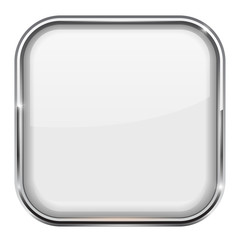 White square button. Shiny 3d icon with metal frame