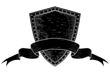 Shield with award ribbon banner. Black hand drawn sketch