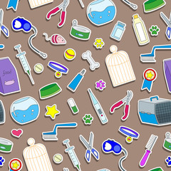 Seamless background on the topic of pet care, pet shop, simple colored icons on a brown background