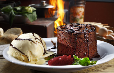 Chocolate Cake with Fresh, ice cream