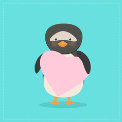 Penguin holding a heart. Plush toy penguin with heart. Gift. Postcard