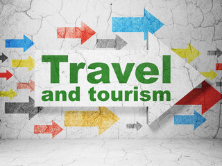 Travel concept: arrow with Travel And Tourism on grunge wall background