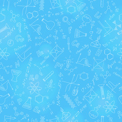 Seamless pattern with formulas,graphs, and equipment as the subject of chemistry with light markers on blue  background