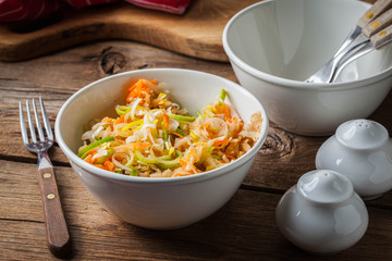Salad with leek, carrots and apples.
