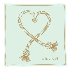 Vector illustration. Heart from gold rope on the gentle turquoise background. signature with love