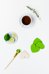Green diy paint wooden hearts for gift still life