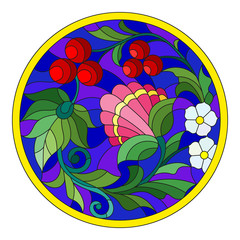 Illustration in stained glass style with flowers, berries and leaves on a blue background in a circular frame