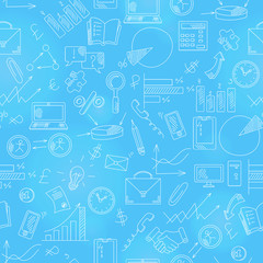 Seamless pattern with simple hand-drawn icons on a theme business, light outline on a blue background. Seamless background on a theme business and earnings