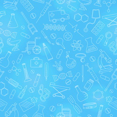 Seamless pattern with hand drawn icons on a theme medicine and health, white contour on blue background