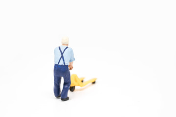 Miniature people delivery men concept on white background with a