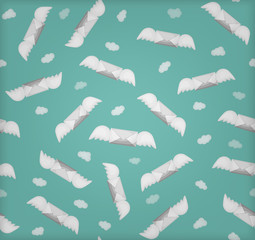 Vector cartoon seamless pattern of envelope with wings for gift and delivery wrapping paper, covering and branding on the celadon background. Concept of fast service, messaging and mailing.