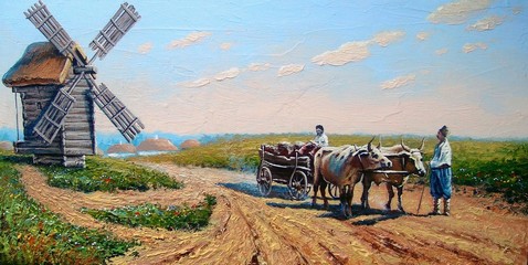 Ukrainian landscape, windmill and road, oil paintings