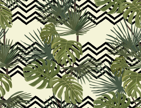 Palm leaves. Tropical print. Zigzag background. Exotic seamless pattern.