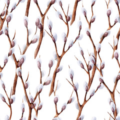 Vector hand drawn watercolor seamless pattern with early spring branches and buds. 