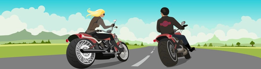 Obraz na płótnie Canvas Adventurous motorcycle riders, green nature