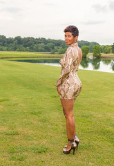 Fototapeta premium Beautiful Sexy Over Forty African American Woman Outdoor full body portrait shot of a beautiful sexy over forty year old African American dressed to attend an adult Prom.