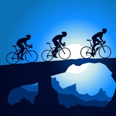 Cyclist racing through the stone bridge, at moonlight - obrazy, fototapety, plakaty