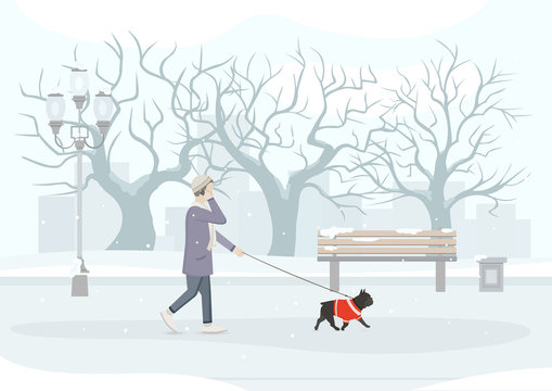 Man with mobile phone, walking her dog (French Bulldog) in park. Snow covered park and city view. Vector Illustration.