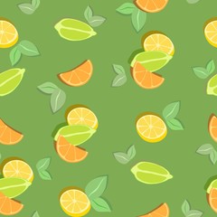 Colorful seamless pattern with citrus slices on green background. Vector illustration.