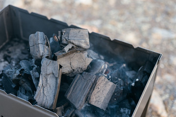 Barbecue stands on the shore of the lake.