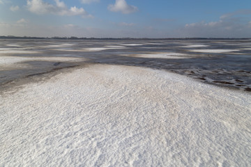 Frozen lake covered with ice and snow
