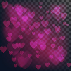 Vector love abstract background. Shiny hearts bokeh light Valentine's day on transparency grid
