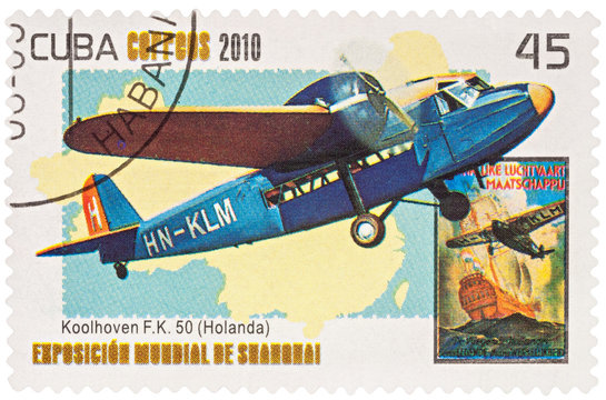 Old Dutch passenger airplane Koolhoven F.K.50 on postage stamp