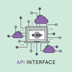Vector Icon Style Illustration Logo of API Application Programming Interface with Laptop, Pencil, Cloud Data