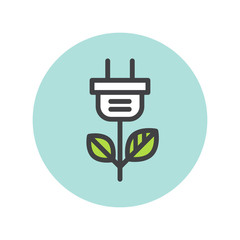Vector Icon Style Logo Element for Web App Design. Environment, renewable energy, sustainable technology, recycling, ecology solutions. Adaptor plug charger with green leaf tree