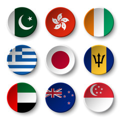 Set of world flags round badges ( Pakistan . Hong kong . Ivory Coast . Greece . Japan . Barbados . UAE . New zealand . Singapore )