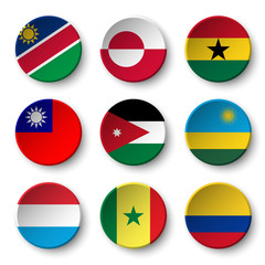 Fototapeta premium Set of world flags round badges ( Namibia . Greenland . Ghana . Taiwan . Jordan . Rwanda . Luxembourg . Senegal . Colombia )