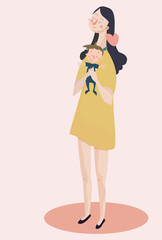 children s vector illustration. Mother keeps child in her arms, and both are smiling. The family loves each other.