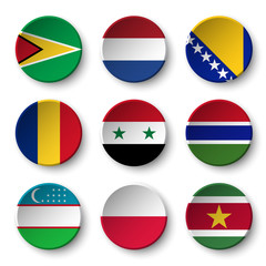 Set of world flags round badges ( Guyana . Netherlands . Bosnia and Herzegovina . Romania . Syria . Gambia . Uzbekistan . Poland . Suriname )