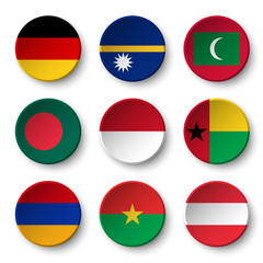 Set of world flags round badges ( Germany . Nauru . Maldives . Bangladesh . Indonesia . Guinea-Bissau . Armenia . Burkina Faso . Austria )