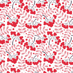 Autumn rowanberry leaves and berries seamless pattern