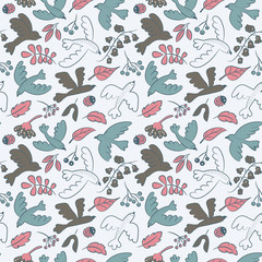 Vector seamless pattern with cute cartoon birds, plants,berries