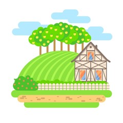 Flat design vector landscape illustration. Village house with field and apple trees. Farming, agricultural, organic products concept.