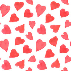 Watercolor hearts seamless pattern. Repeating Valentines day background with painted red hearts. Romantic textile, wrapping paper, wallpaper or scrapbooking texture.